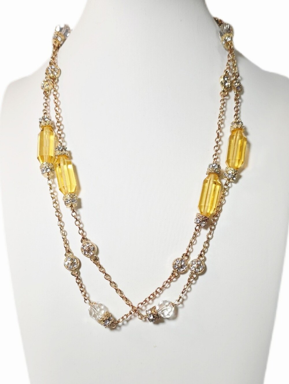 Faceted Yellow Barrel and Crystal Beaded Gold-Tone Long Necklace - Double It!